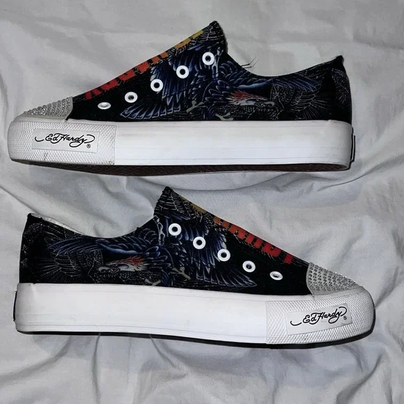 Y2K Ed Hardy Laceless Slip On Shoes Vintage Sneakers Womens Size 10 Eagle Tattoo - Picture 9 of 9